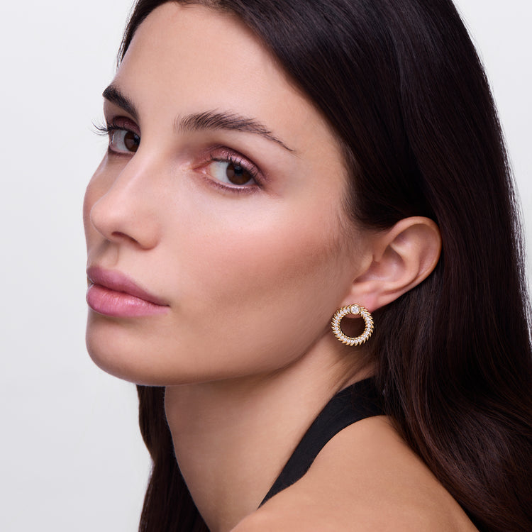 Full Diamond Alloro Large Hoop Earrings, Yellow Gold
